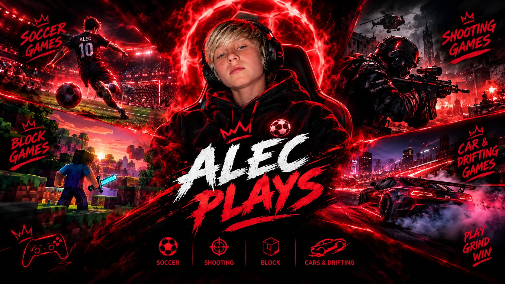 Alec in a gaming headset in front of a glowing red soccer ball, surrounded by scenes from soccer, shooting, block-building and car-drifting games, with the title Alec Plays.